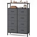 OLIXIS 8 Drawers Fabric Dresser, Raised Shelf Tall Chest of Drawers, Grey