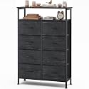 OLIXIS 8 Drawers Fabric Dresser, Tall Chest with Raised Shelf, Black Wood