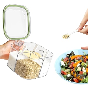 4 compartments clear seasoning box  condiment jars with flip lid and spoon  plastic seasoning box for spices sugar salt pepper green pack of 1