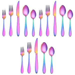 stainless steel flatware set for dinning table dinnerware tableware sets including forks spoons knives camping travel utensils 15 rainbow