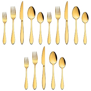 stainless steel flatware set for dinning table dinnerware tableware sets including forks spoons knives camping travel utensils 15 gold