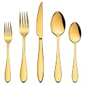 Stainless Steel Flatware Set for Dinning Table Dinnerware, Tableware Sets Including Forks Spoons Knives, Camping Travel Utensils (5, Gold)