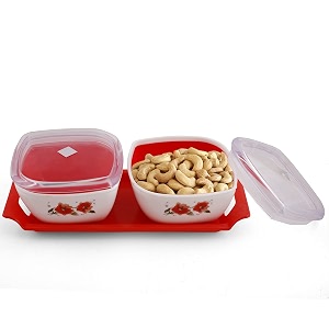 rhythm multi-purpose airtight bowls and lid with trey 2 bowls with lid amp 1 trey red