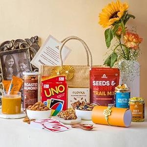 omay foods 10_pcs rakhi masti amp munchies gift hamper  rakhi gifts for brother  rakshabandhan gift hamper  bhai rakhi roli chawal i healthy snacks gift box i rakhi gift box