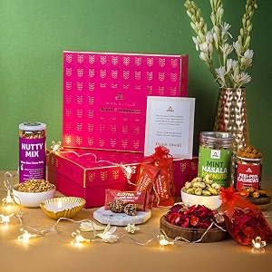 omay foods 11 pcs festive luxe diwali gift box i corporate diwali gift hamper  candles diya i dry fruit gift pack i premium deepawali gift box i festive hamper