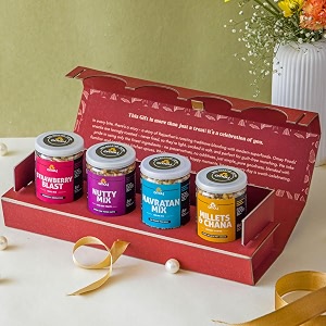 omay foods 4 pcs gourmet snack gift box  premium rope handle box with ribbon bow  healthy oil-free roasted snacks  corporate birthday amp all-occasion healthy gift hamper  premium gifting
