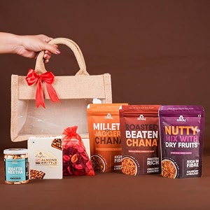 omay foods 6 pcs celebrations jute bag healthy gift hamper  eco-friendly reusable jute bag with zipper  wedding room hamper return gift godh bharai baby shower amp mom-to-be gift  personal gift  oil-free