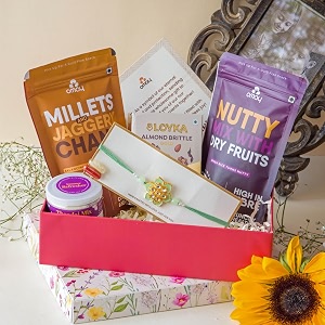 omay foods 7_pcs pyaar wali rakhi gift hamper  gifts for brother  rakshabandhan gift hamper  bhai rakhi roli chawal i healthy snacks gift box
