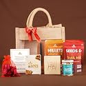 Omay Foods 8 Pcs Fusion Treats Jute Bag | Healthy Roasted Snacks | Corporate &amp; Personal Gift | Gifts for Employees, Clients | Premium Gourmet Snack Pack