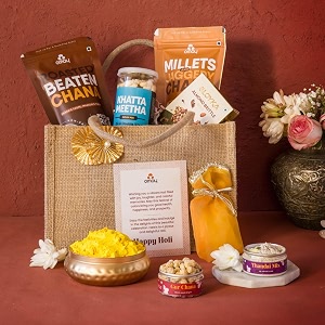 omay foods 8 pcs_holi joy gift hamper bag  festive holi gift with herbal gulal thandai roasted healthy snacks amp gur chana  premium holi hamper for clients employees amp friends  corporate holi gift bag  special holi celebration pack  gourmet holi treats hamper