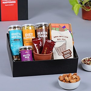 omay foods 8_pcs tea time treasures gift box  roasted snacks tea mix kulhad socks  birthday gift hamper for mom dad women men  thank you congratulations apology gifts  healthy premium gift hamper