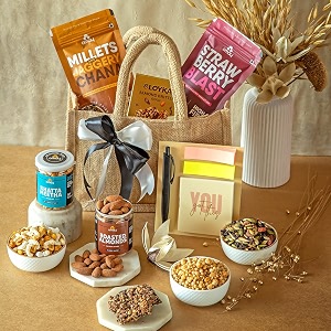 omay foods 9_pcs gourmet treasures jute bag i gifts for employees clients i healthy gift box i corporate gift pack i healthy snacks dry fruits nuts i roasted snacks i premium gift pack