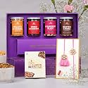 Omay Foods Delicious Delicacies Rakhi Gift Hamper for Bhaiya Bhabhi | 8 Pcs | Roasted Snacks, Dry Fruits, Chocolate &amp; Premium Kundan Couple Rakhi with Lumba | Rakhi Gift for Brother and Bhabhi