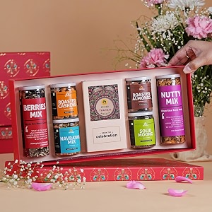 omay foods 7 pcs divine treats gift box  healthy snacks dry fruits amp thandai  wellness gift hamper for anniversary corporate amp personal gifting  get well soon amp fitness gift hamper  gourmet snack box i summer treats