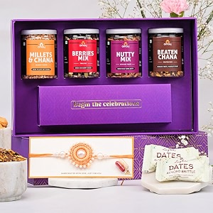omay foods healthy indulgence rakhi gift hamper for brother  9 pcs  roasted snacks dry fruits chocolate dates amp kundan rakhi  premium rakhi box for bhaiya and bhai  raksha bandhan gift