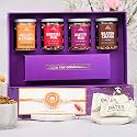 Omay Foods Healthy Indulgence Rakhi Gift Hamper for Brother | 9 Pcs | Roasted Snacks, Dry Fruits, Chocolate Dates & Kundan Rakhi | Premium Rakhi Box for Bhaiya and Bhai | Raksha Bandhan Gift