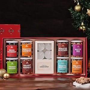 omay foods 14 pcs joyous wellness gift box  corporate gift box  healthy gift hamper with roasted snacks amp dry fruits  wellness gift hamper i get well soon thank you apology congratulations  gourmet snack box