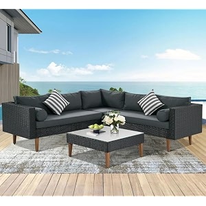 3 pieces l shape outdoor furniture patio sets hdpe rattan sectional sofa with coffee table and washable couch cushions for balcony gardenterraceblack and grey color