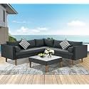 3 Pieces L Shape Outdoor Furniture Patio Sets HDPE Rattan Sectional Sofa with Coffee Table and Washable Couch Cushions for Balcony, Garden/Terrace.(Black and Grey Color)