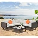 3 Pieces L Shape Outdoor Furniture Patio Sets HDPE Rattan Sectional Sofa with Coffee Table and Washable Couch Cushions for Balcony, Garden/Terrace.(Brown and Off Wihte Color)