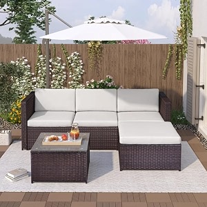 all-weather outdoor rattan 5 seater sofa  comfortable garden seating set with removable cushions amp uv protection waterproof patio set with soft cushions and side table beige039