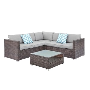 outdoor rattan sectional sofa set  5 seater couch with waterproof fabric and glass table for garden balcony and poolside grey046
