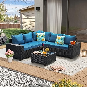heavy-duty rattan 5 seater stylish and comfortable cushion set  outdoor garden furniture with anti-fade fabric and powder coted iron frame nevy blue
