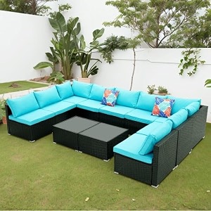 6 pieces patio furniture set outdoor large sectional sofa hdpe wicker conversation set outside couch with table and ottoman for porch lawn garden backyard black amp sky blue