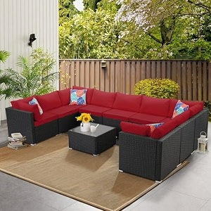 6 pieces patio furniture set outdoor large sectional sofa hdpe wicker conversation set outside couch with table and ottoman for porch lawn garden backyard black amp red