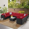 6 Pieces Patio Furniture Set, Outdoor Large Sectional Sofa HDPE Wicker Conversation Set Outside Couch with Table and Ottoman for Porch Lawn Garden Backyard (Black &amp; Red)