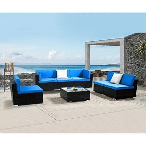 6 seater durable low-maintenance and fade-resistant rattan wicker  elegant look  perfect blend of function style and outdoor comfort black and skyblue
