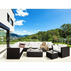 9 seater patio outdoor waterproof furniture sofa all-weather hdpe rattan and wicker conversation set with cushion and center table for porch lawn garden backyard off white