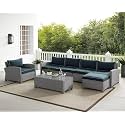 6 Seater Sofa Patio Furniture Set, Outdoor Large Sectional Sofa HDPE Wicker Conversation Set Outside Couch with Table and Ottoman for Porch Lawn Garden Backyard (Selver & Nevy Blue)