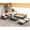 7 Seater Outdoor Rattan Sofa Set | Stylish All-Weather Wicker Patio Furniture for Garden, Balcony, Backyard &amp; Terrace | Handwoven PE Rattan Wicker with Powder-Coated Steel Frame (Beige05765)