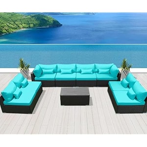 8 seater outdoor conversation set patio furniture manual weaving wicker outside sectional sofa hdpe rattan couch and table sky blue
