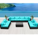 8 Seater Outdoor Conversation Set Patio Furniture Manual Weaving Wicker Outside Sectional Sofa HDPE Rattan Couch and Table. (Sky Blue)