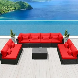 8 seater patio furniture set outdoor sectional sofa hdpe wicker conversation set outside couch with table for porch lawn garden backyardblack amp red