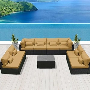 8 seater outdoor conversation patio furniture set all weather wicker sectional couch sofa center table ottoman with cushions waterproof for gardens and terrace beige