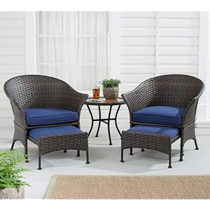 rattan and wicker 2 seater cushioned patio conversation bistro set with 2 pullout ottomans and 1 table outdoor garden conversation set for backyard porch lawn blue
