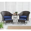 Rattan and Wicker 2 Seater Cushioned Patio Conversation Bistro Set with 2 Pullout Ottomans and 1 Table Outdoor Garden Conversation Set for Backyard Porch Lawn (Blue)