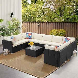 rattan and wicker 10 seater cushioned patio sectional sofa set with 1 glass top center table outdoor conversation set for porch lawn garden backyard black amp off white