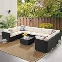 Rattan and Wicker 10 Seater Cushioned Patio Sectional Sofa Set with 1 Glass Top Center Table Outdoor Conversation Set for Porch Lawn Garden Backyard (Black &amp; Off White)