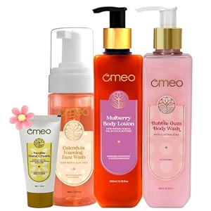 omeo skin care gift hamper set of 4  vanilla hand cream 50g bubble gum body wash shower gel 200ml mulberry body lotion 200g amp calendula foaming face wash 150ml  gift set for women rakhi diwali birthday or special occasions