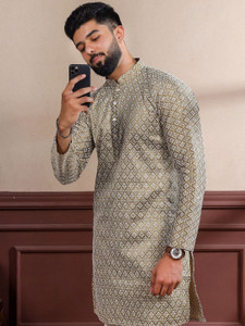 OMICRON FAB Men Chikan Embroidery Straight Kurta