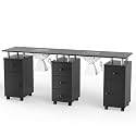 OmySalon Double Manicure Table w/Dust Collector, Nail Table Station for Nail Tech, Makeup Desk w/Wheels Arm Rest Drawers Cabinet Storage, for Beauty Spa Salon, Acetone Resistant (Black)