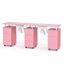 OmySalon Double Manicure Table w/Dust Collector, Nail Table Station for Nail Tech, Makeup Desk w/Wheels Arm Rest Drawers Cabinet Storage, for Beauty Spa Salon, Acetone Resistant (Pink)