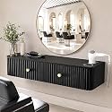 OmySalon Wall Mount Salon Station with Mirror, Hair Stylist Cabinet with 3 Heat Resistant Dryer Holders, 2 Drawers, Barber Storage Station for Barbershop SPA, Solid Black