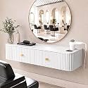 OmySalon Wall Mount Salon Station with Mirror, Hair Stylist Cabinet with 3 Heat Resistant Dryer Holders, 2 Drawers, Barber Storage Station for Barbershop SPA, Solid White
