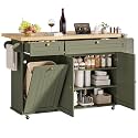 ONBRILL 60" Kitchen Island with Trash Can Storage, Rolling Island Table