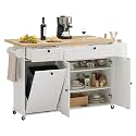 ONBRILL 60" Kitchen Island with Trash Can Storage, Rolling Island Table